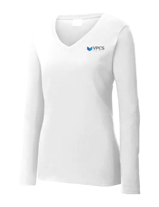 Womens  V-Neck Ring Spun White 4.5 oz Long Sleeve T-Shirt w/VPCS Logo