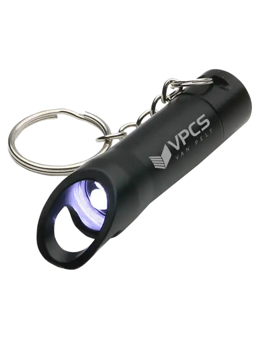 Black Pocket LED Flashlight with Bottle Opener & Keychain w/VPCS Logo